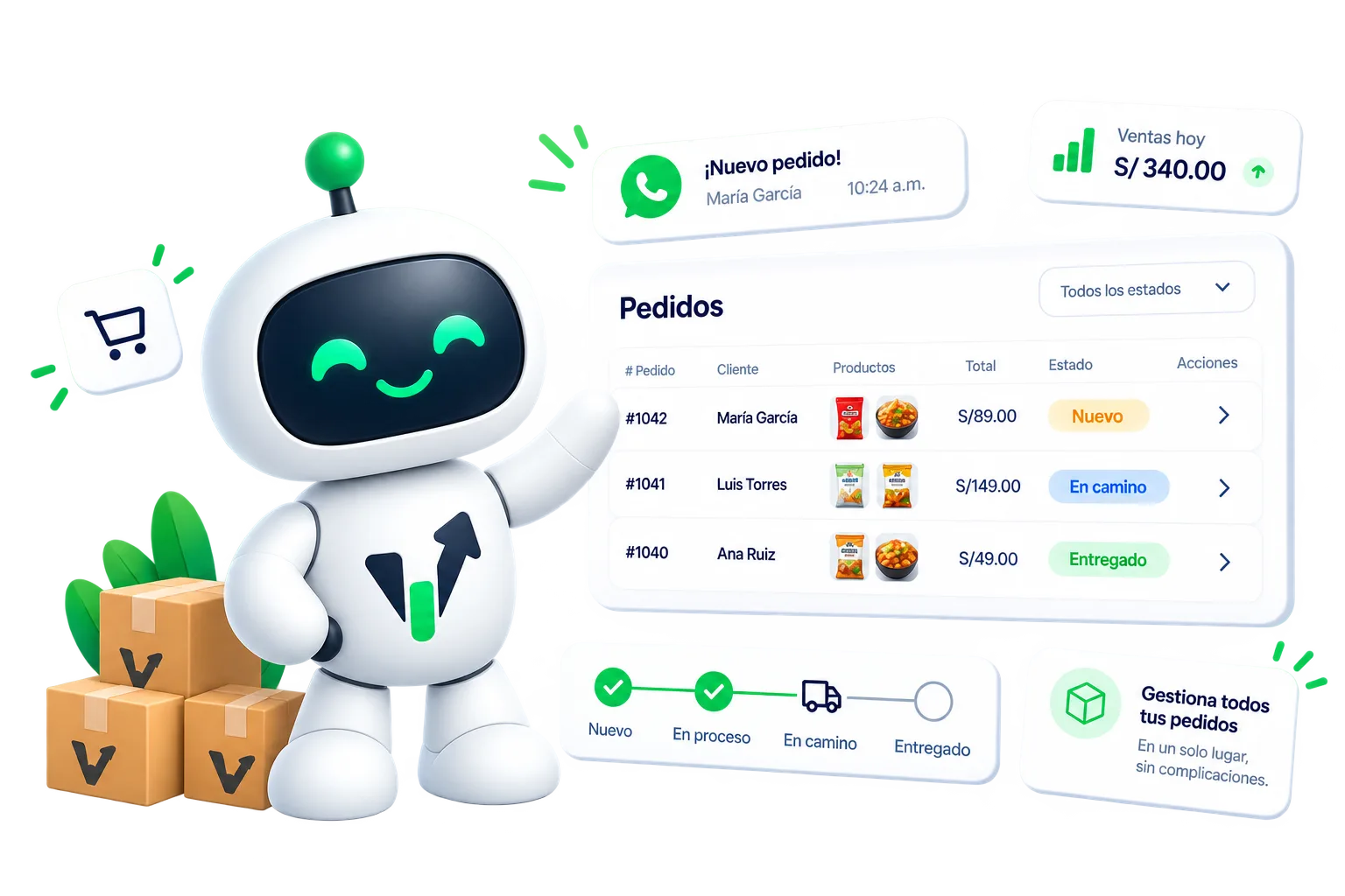 Panel de gestión de pedidos de VenderIA con pedidos nuevos, en camino y entregados
